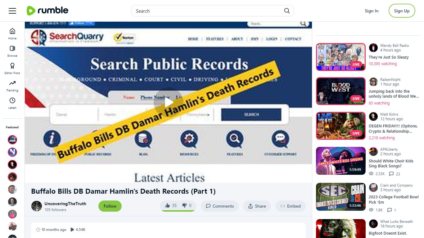Buffalo Bills DB Damar Hamlin's Death Records (Part 1) - Rumble