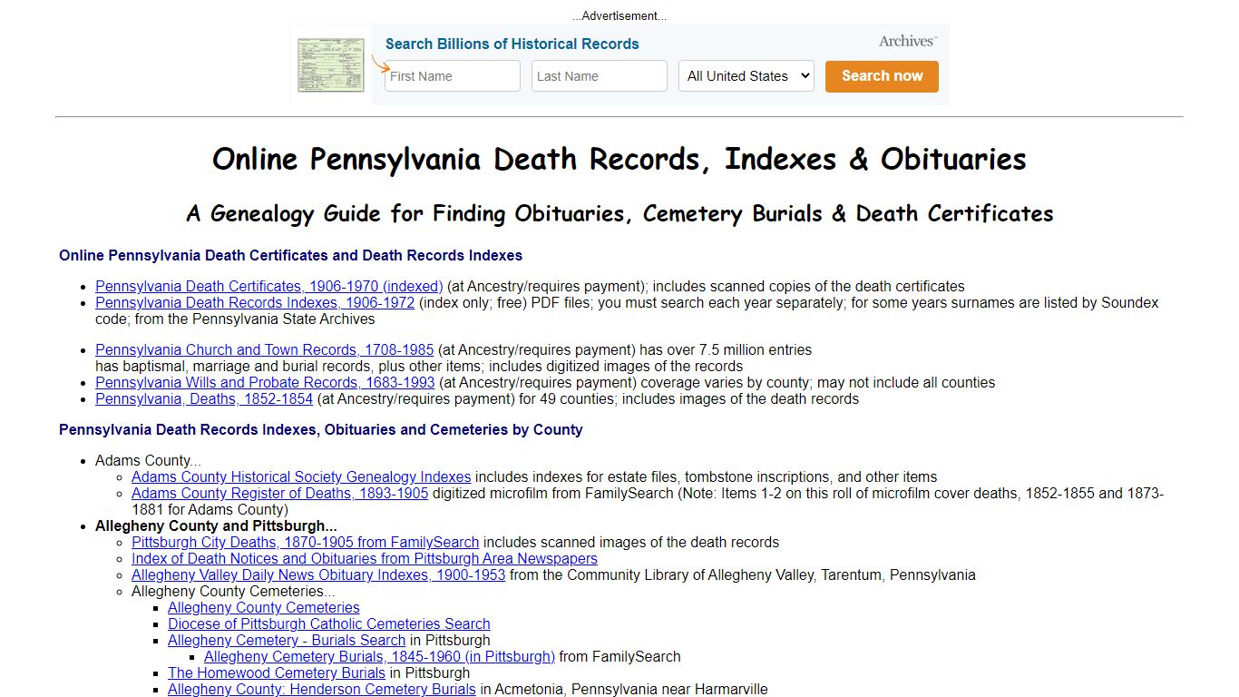 Online Pennsylvania Death Indexes, Records & Obituaries